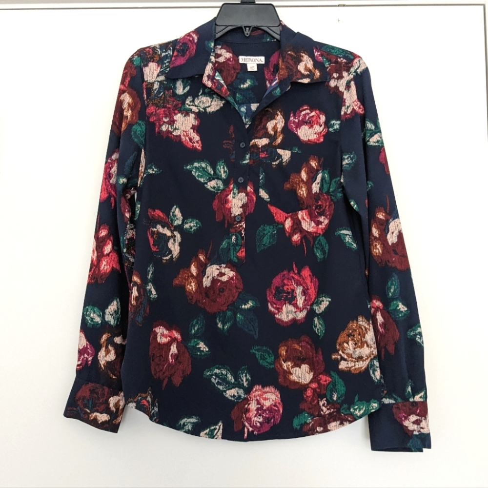 EUC Navy Merona Lightweight Floral Blouse, WS